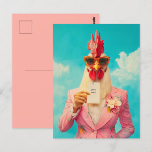 Carte Postale Poulet Chic en Costume Rose