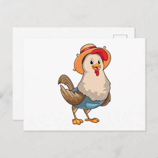 Carte Postale Poulet en fermier avec Casquette (Devant / Derrière)