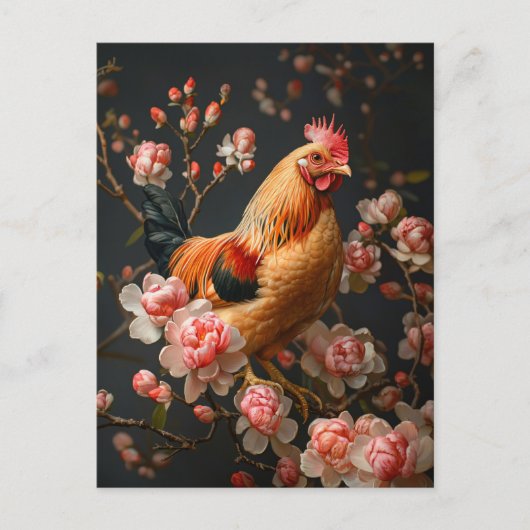 Carte Postale Poulet entouré de fleurs roses (Devant)
