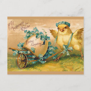 Carte Postale Poulet vintage avec chariot d'oeufs de Pâques