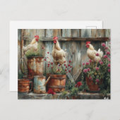 Carte Postale Poulets Rustique Arrosoir Seau en Étain Fleurs  (Devant / Derrière)