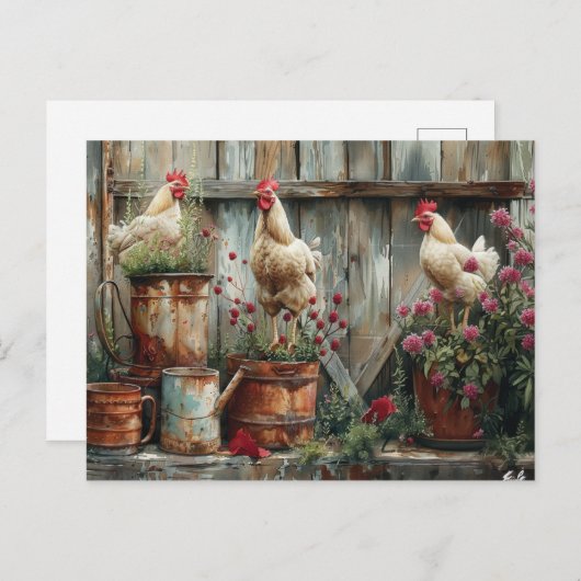 Carte Postale Poulets Rustique Arrosoir Seau en Étain Fleurs  (Devant / Derrière)