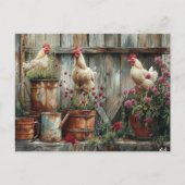 Carte Postale Poulets Rustique Arrosoir Seau en Étain Fleurs  (Devant)