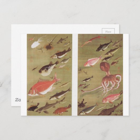 Carte Postale Poulpe et poisson par Ito Jakuchu (Devant / Derrière)
