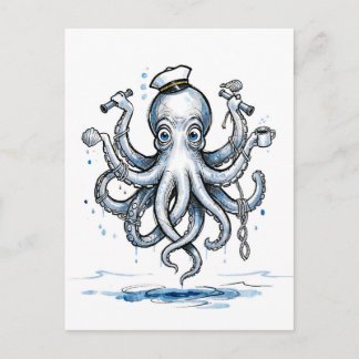 Carte Postale Poulpe jonglant avec des ancres dans une encre mar