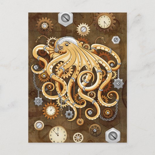 Carte Postale Poulpe Machine de Style Rétro Surréaliste Steampun (Devant)