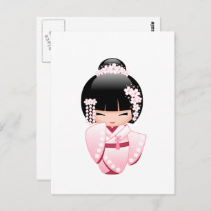 Carte Postale Poupée blanche Kimono Kokeshi - mignonne Geisha Gi