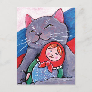 Carte Postale Poupée Bleue Russe et Babushka Art de chat patri
