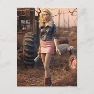 Carte Postale poupée blonde dans un monde rural post-apocalyptiq
