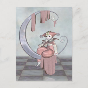 Carte Postale Poupée clown rose de Pierrot sur une lune d'argent