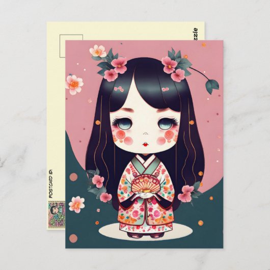 Carte Postale Poupée Cute Kokeshi, poste (Devant / Derrière)