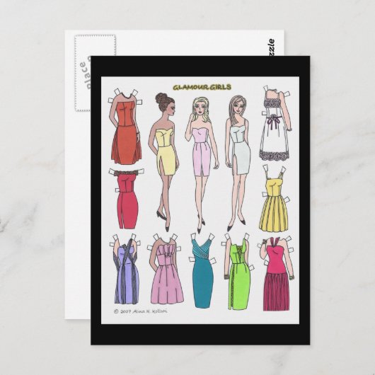 Carte postale Poupée en papier pour filles glamour (Devant / Derrière)