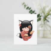 Carte Postale Poupée Kitsune Kokeshi - Black Fox Geisha Girl (Debout devant)