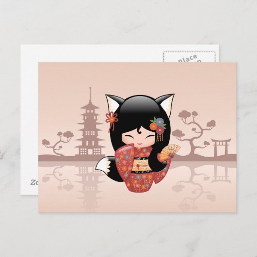 Carte Postale Poupée Kitsune Kokeshi - jolie fille Black Fox (Devant / Derrière)