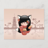 Carte Postale Poupée Kitsune Kokeshi - jolie fille Black Fox (Devant)
