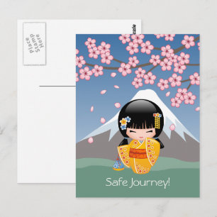 Carte Postale Poupée Kokeshi été - Kimono Jaune Voyage sécuritai