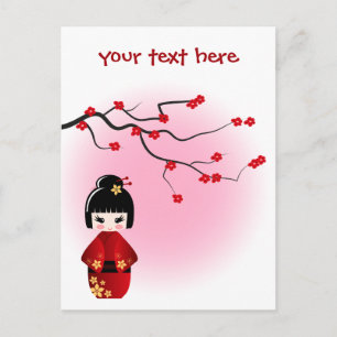 Carte Postale Poupée kokeshi japonaise aux fleurs de sakura