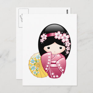 Carte Postale Poupée Kokeshi Printemps - Japonaise Geisha Girl