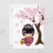 Carte Postale Poupée Kokeshi Sakura - Guérissez Geisha Mignonne (Devant / Derrière)