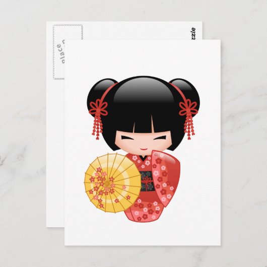 Carte Postale Poupée Rouge Sakura Kokeshi - Cute Geisha (Devant / Derrière)