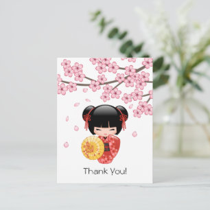 Carte Postale Poupée Rouge Sakura Kokeshi - mignonne Merci Geish