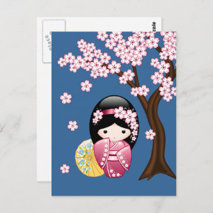 Carte Postale Poupée Spring Kokeshi - Japonaise Geisha Miss You
