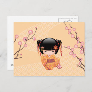Carte Postale Poupée Ume Kokeshi - Japonaise Pêche Geisha Girl