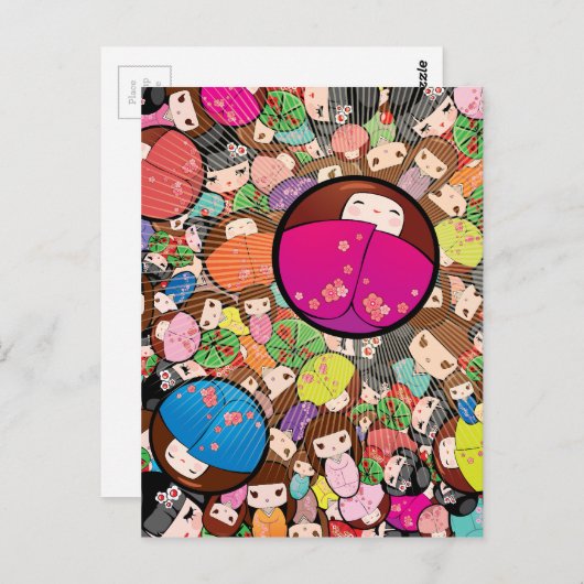 Carte Postale Poupées japonaises Kawaii Kokeshi (Devant / Derrière)