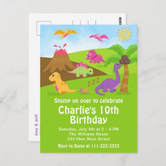 Carte postale pour filles Dinosaures fête d'annive (Devant / Derrière)