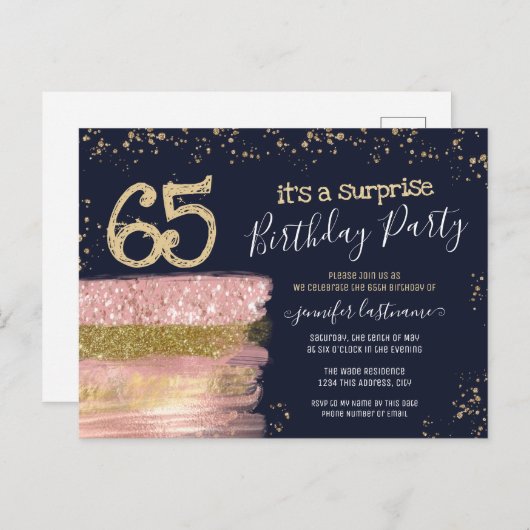 Carte postale pour les 65 ans avec gâteau surprise (Devant / Derrière)