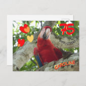 Carte postale pour les 75 ans d'un perroquet rouge (Devant / Derrière)