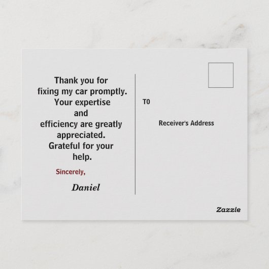 Carte Postale Pour remercier un mécanicien (Dos)