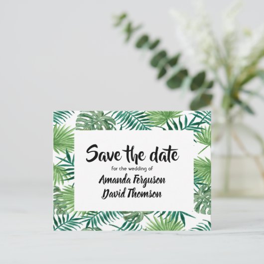 Carte postale pour réserver la date avec feuilles (Debout devant)