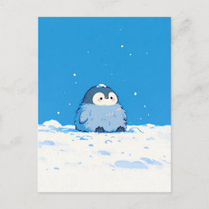 Carte Postale Poussin de pingouin duveteux dans un paysage hiver