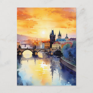 Carte Postale Prague Pont Charles Coucher de soleil Aquarelle Vo