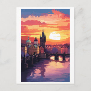 Carte Postale Prague Pont Charles Coucher de Soleil Voyage Vinta