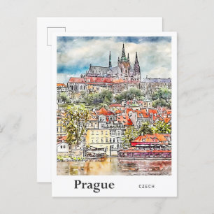 Carte Postale Prague Tchèque Aquarelle Sketch Main