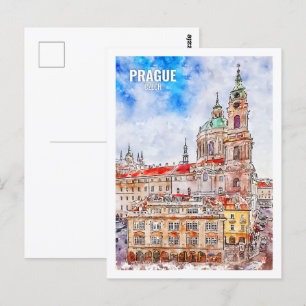 Carte Postale Prague Tchèque célèbre Voyage aquarelle