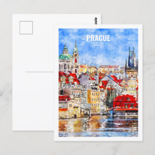 Carte Postale Prague Tchèque célèbre Voyage aquarelle croquis