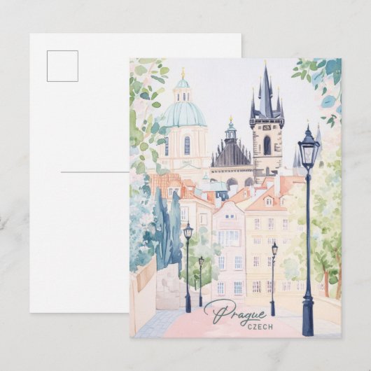 Carte Postale Prague Tchèque Gouache Peinture Illustration Voyag (Devant / Derrière)