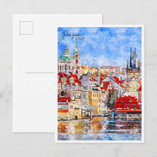Carte Postale Prague Tchèque vintage voyage aquarelle (Devant / Derrière)
