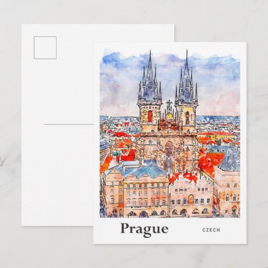 Carte Postale Prague Tchèque Voyage Aquarelle main tirée (Devant / Derrière)