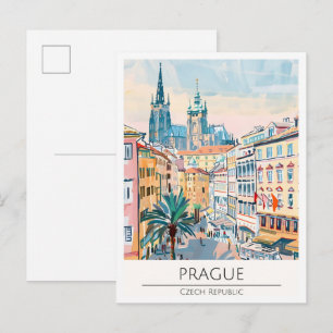 Carte Postale Prague Tchéquie Illustration d'art vintage Voyage