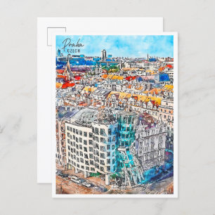 Carte Postale Praha Tchèque vintage voyage aquarelle