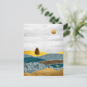 Carte Postale Prairie dorée avec arbre et cerf