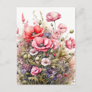 Carte Postale Prairie estivale de fleurs sauvages aquarelle