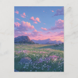 Carte Postale Prairie sere de fleurs sauvages et Montagne violet
