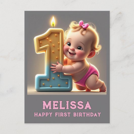 CARTE POSTALE " PREMIER ANNIVERSAIRE DE BÉBÉ FILLE " (Devant)