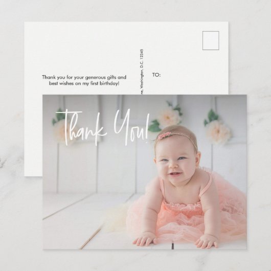 Carte Postale Premier anniversaire de bébé fille Merci Photo (Devant / Derrière)