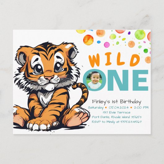 Carte Postale Premier anniversaire de bébé Wild ONE avec Tiger & (Devant)